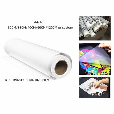 DTF 전송 필름 롤 60cm*100m 이중 면 매트 선명 프리트레이트 PET 열 전송 종이 냉각 및 뜨거운 껍질