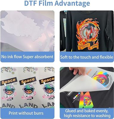 DTF 전송 필름 75mic Custom 티셔츠를위한 부드러운 유연하고 오래 지속되는 인쇄물